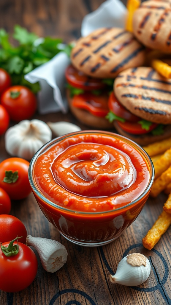 A bowl of homemade Heinz 57 style sauce with grilled burgers and fries.